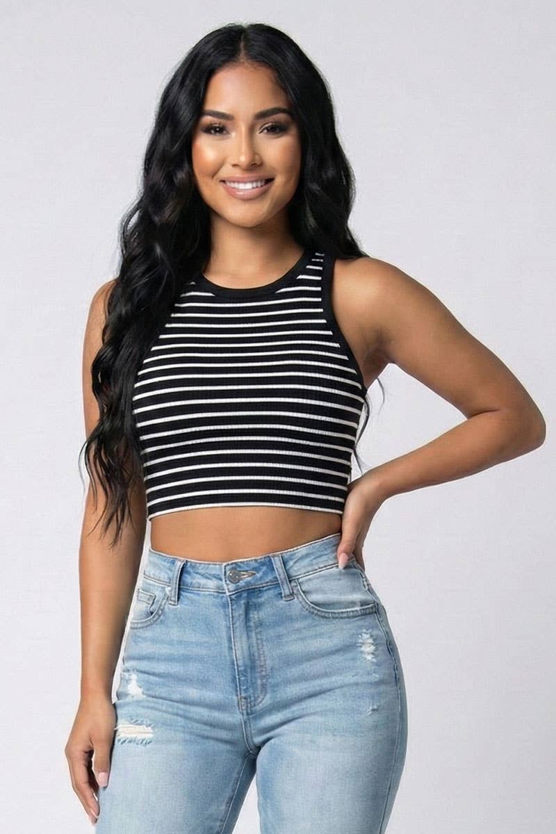 Ribbed Striped Racerback Crop Tank Top - Chicano Spot