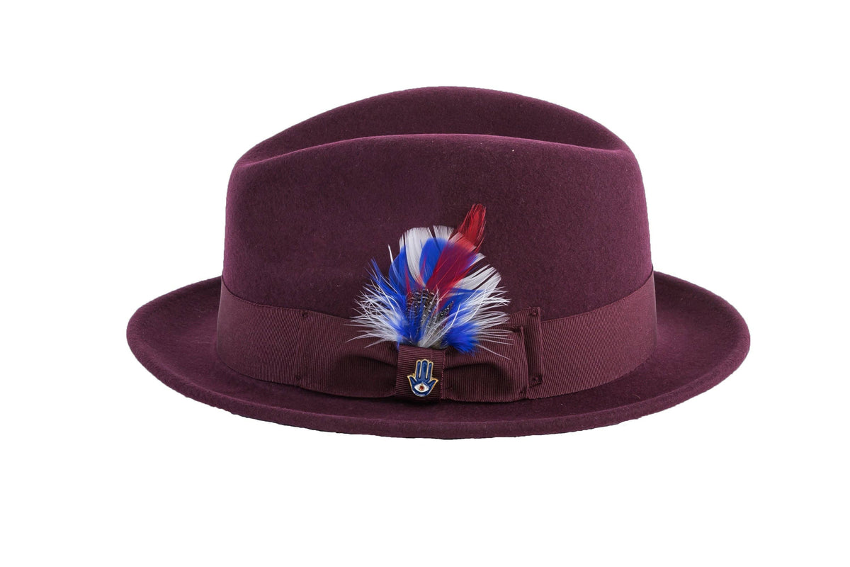 Ferrecci Brooks Trilby Soft 100% Australian Wool Felt Body with Removable Feather burgundy hat Great for Travel - Chicano Spot