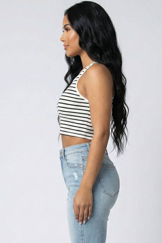 Ribbed Striped Racerback Crop Tank Top - Chicano Spot
