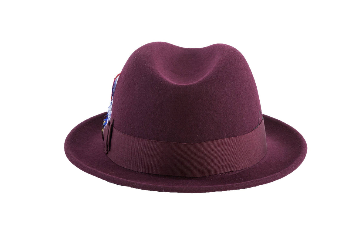 Ferrecci Brooks Trilby Soft 100% Australian Wool Felt Body with Removable Feather burgundy hat Great for Travel - Chicano Spot