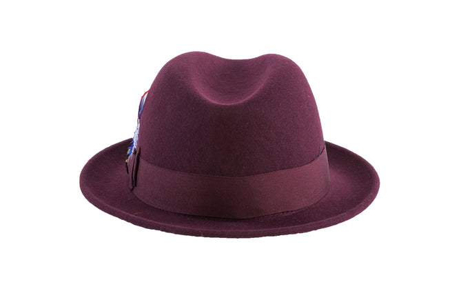 Ferrecci Brooks Trilby Soft 100% Australian Wool Felt Body with Removable Feather burgundy hat Great for Travel - Chicano Spot