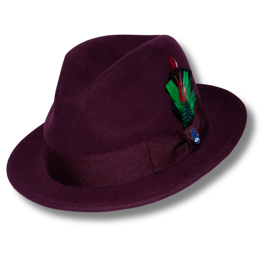 Ferrecci Brooks Trilby Soft 100% Australian Wool Felt Body with Removable Feather burgundy hat Great for Travel - Chicano Spot