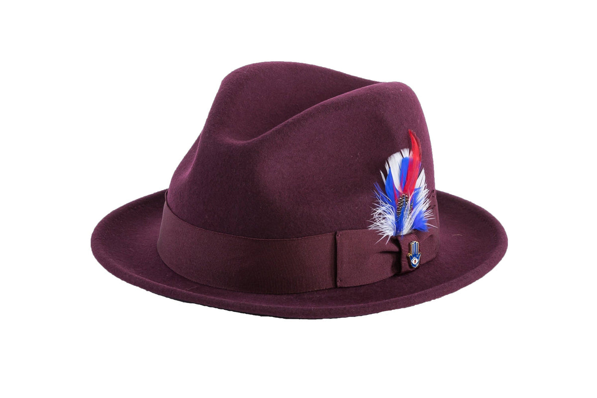 Ferrecci Brooks Trilby Soft 100% Australian Wool Felt Body with Removable Feather burgundy hat Great for Travel - Chicano Spot