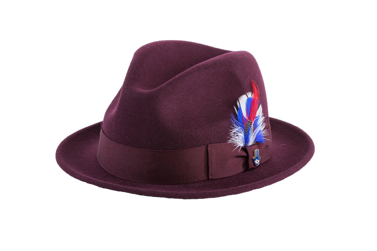 Ferrecci Brooks Trilby Soft 100% Australian Wool Felt Body with Removable Feather burgundy hat Great for Travel - Chicano Spot