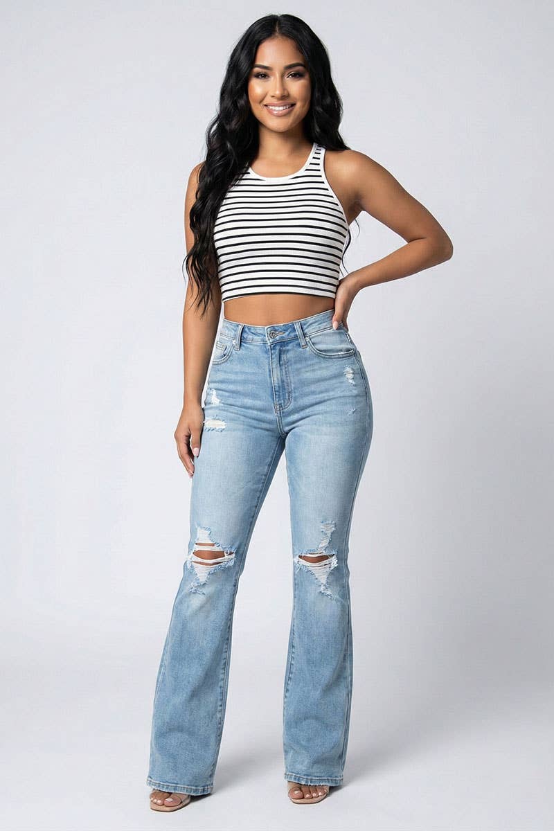 Ribbed Striped Racerback Crop Tank Top - Chicano Spot